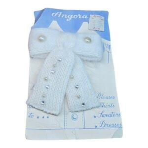 New Vintage Angora Bow Pin Rhinestone Pearl Coquette Bridal Brooch Secretary